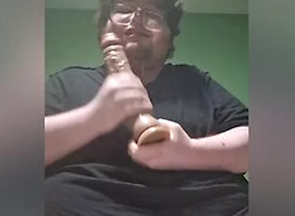 Fat Male In Chastity Sucking A Dildo And Drooling Like A Waterfall