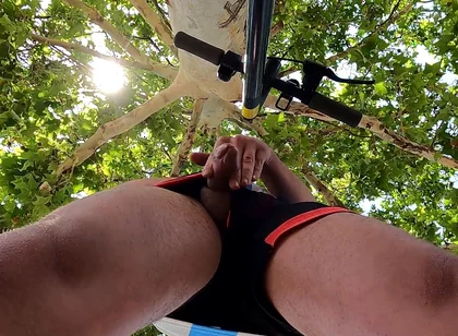 Bulging Young Man Moans with Pleasure in Park Jerking off a Summer Handjob