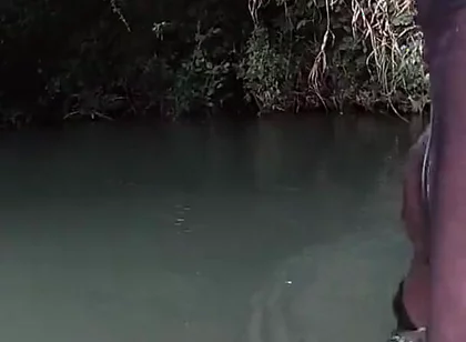 Jerking off in a Public River Untill I Drop a Massive Cumshot in My See Thru Leggings
