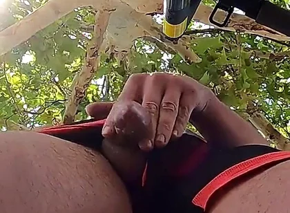 Bulging Young Man Moans with Pleasure in Park Jerking off a Summer Handjob