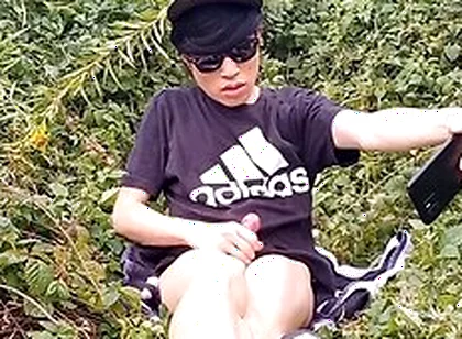 Cute French-asian Gay Twink Jerks Off His Shaved Cock Outside Cums Thick Cum Sticking To His Fingers