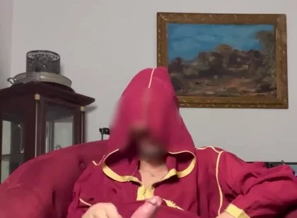 Arab Guy Wearing Jellaba Showing off and Edging His Fat Muslim Dick Before Cumming