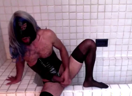 Latex Masked Sissy in Pvc Corset Cums Hard on Stockings and Heels
