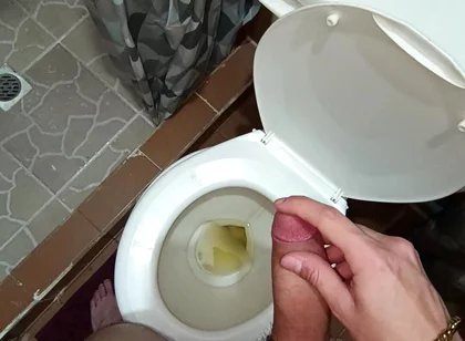 Two Shots of Cum on the Pee in the Bathroom