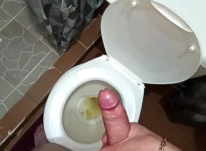 Two Shots of Cum on the Pee in the Bathroom