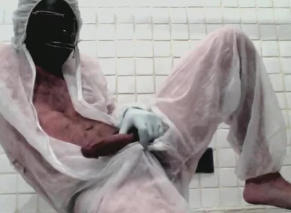 Masked Femboy in Suit Pees Itself and Cums