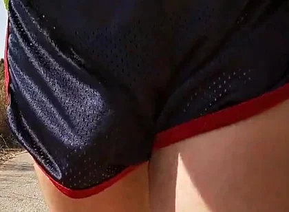 So Hot! Running with My Erect Cock Out Wearing Shiny See Thru Cock Sport Shorts
