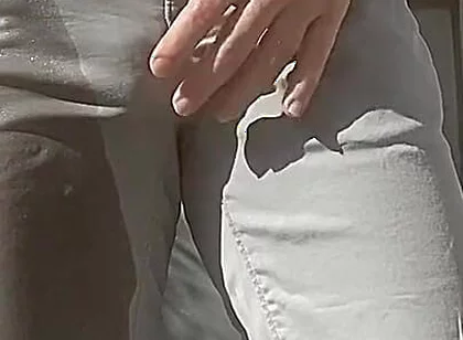 Jules Wets His Grey Pants and Exposes His Semi-hard Cock Through His Trousers