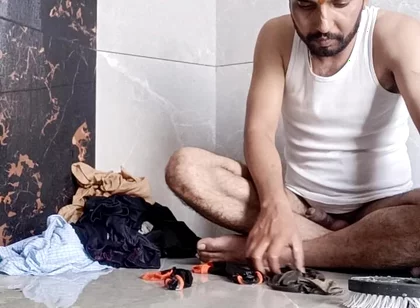Desi young boy enjoy washing father's underwear