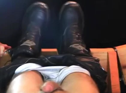 Biker twink gets oiled and milked by old men