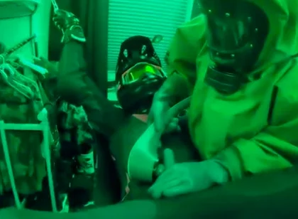 Hazmat gear boys fucking biker in sling