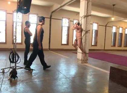 Suspended Upside Down, Latin Bodybuilder Has His Fat Cock Edged