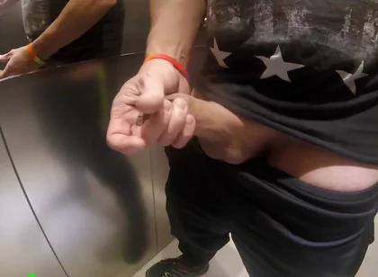 With Thick Balls, in Elevator with a Mirror, I Riskily Masturbate My Big Penis and Squirt My Cum Onto the Floor.