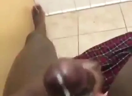 Stroking my big black cock in bathroom massive cumshot