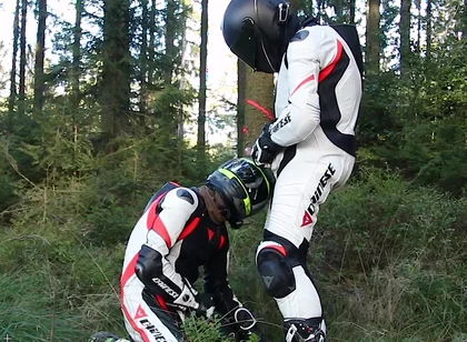 Bikers wank outdoos with cum on helmet