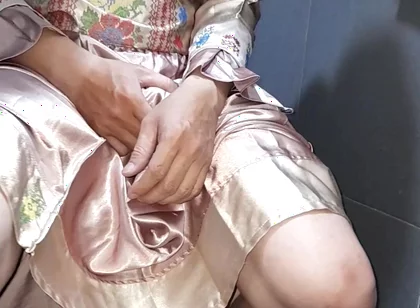 Crossdresser Wearing Satin Set Masturbation
