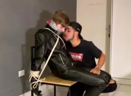 Bound leather boy cum load