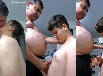Stepdaddy with Thick Cock Cumming on His Boy
