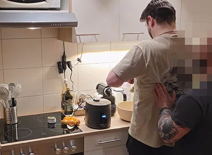 Straight Curious Guy Steven First Time Getting Fucked Bareback After Mutual Blowjob in the Kitchen