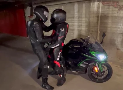 Biker gear gloved leather suit cuming