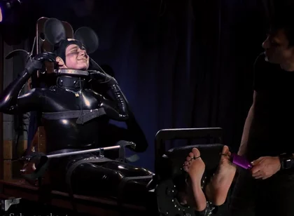Rikki as Mickey Mouse Latex Suit, Foot Tickling Machine & Unique Tools Experiment