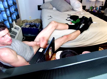 Jerk off with Feet on Bed with Socks Pulled to Calves as I Bust Grunting Hard in Chair