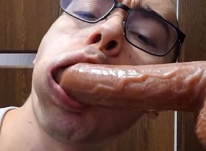 Twink Sucks Stepdaddy's Big Cock and Gets Facial Cum (ejaculating Dildo)