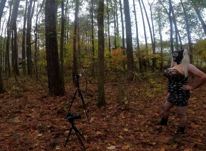 Giant Fake Tits Crossdresser Walk in the Woods Behind the Scenes Photo Shoot
