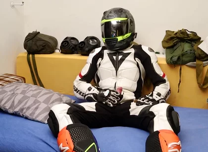 Leather biker cuming in gear