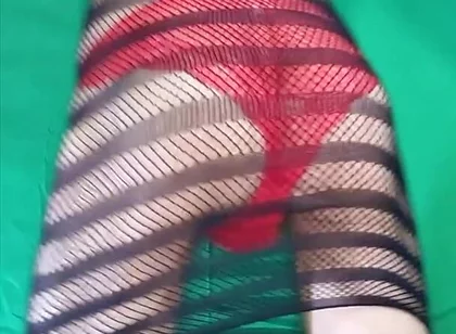 Red Lace Panties Under Fishnet Dress