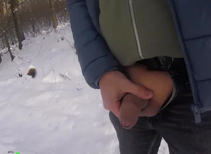 I Hike Through a Dreamy, Snowy Forest in Winter and Masturbate My Cock with a Ring Around It.