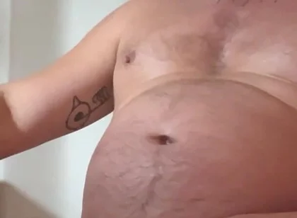 Jerking off in the Morning, Rubbing My Belly, Man Tits, and Nipples. Dripping with Precum and Lots of Cum.