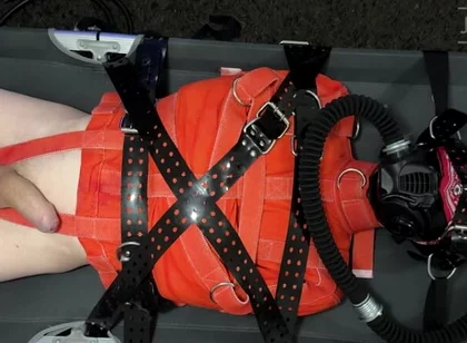 Bondage Twink Strapped to Campbed in Straitjacket and Gas Mask