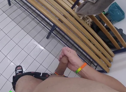 Hot Masturbation with a Band Around the Plump, Veiny Foreskin Penis in a Public Locker Room, and Cum Squirt Out