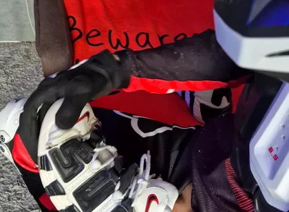 An Excited Guy in Motorcycle Gear Fucks His Sneakers