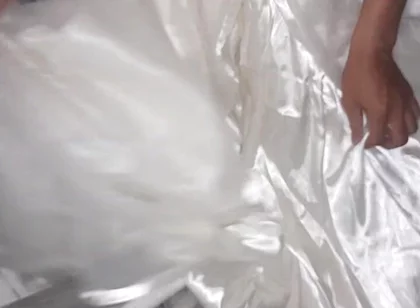Cum Flows on Satin Wedding Dress