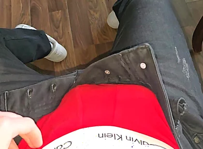 Red Calvin Klein Bulge Gets Slowly Stroked While Colleagues Are Two Meters Away