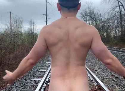Rain-soaked Railroad Exhibition Muscular Asian Hunk Strips, Flexes, Cums Hard & Marks His Territory