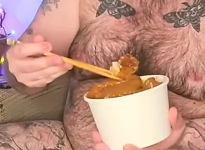Stepdaddy Stuffs His Face with a Takeaway and Enjoys It so Much He Wanks with the Sauces!