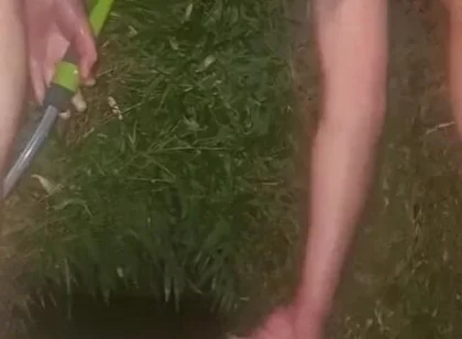 Clean Pressure Enema with Ass Lips and Pissing - Outdoor Garden Hose Anal