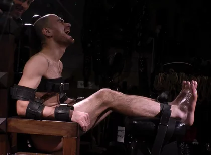 Confident Muscle on Throne: Oiled Feet Tickled with Epilator & Tools