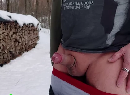 Pissing and Jerking off in the Winter Woods with a Cock Ring, Snow on My Cock, Showing off My Hole, and a Solid Load of Cum