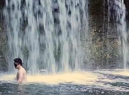 Muscular Asian Hunk Flexes in Speedo by Waterfall - Tight Ass & Hole Tease, Strips Naked & Explodes with Massive Cumshot