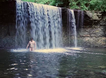 Muscular Asian Hunk Flexes in Speedo by Waterfall - Tight Ass & Hole Tease, Strips Naked & Explodes with Massive Cumshot