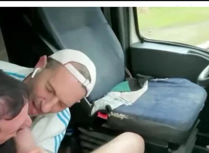 Three guys in a truck blowjob