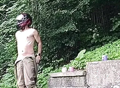 Jerking off in Public on the Road Near a Spring, Caught by a Young Man Masturbating Completely Naked