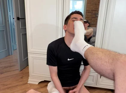 Sniffs Sneakers and Socks, Licks Feet and Gets Dick in the Ass