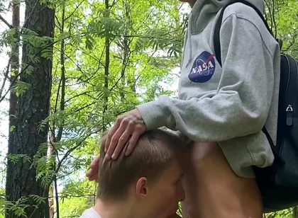 Teen twinks Matty and Aiden were almost caught when they had an outdoor blowjob