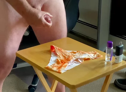 Lubed up Shaved Cock Edging in Panties Extended Angle