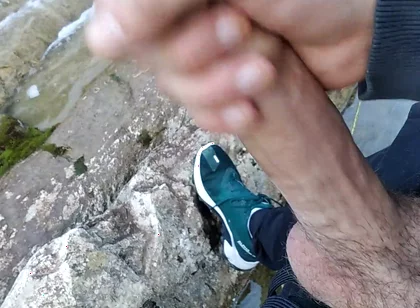 Handsome Gives Perfect Cumshot From Nice Big Hard Cock Spit in Front of River Waterfall